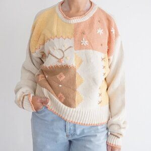 Vintage Lizwear Cream Peach Patchwork Floral Cotton Knit Sweater Grandmacore M